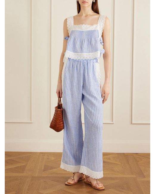 Loretta Caponi Blue Fiocchini Pleated Striped Broderie Anglaise-Trimmed Linen Top