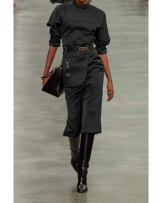 Fendi Black Belted Paneled Silk-Satin Midi Dress