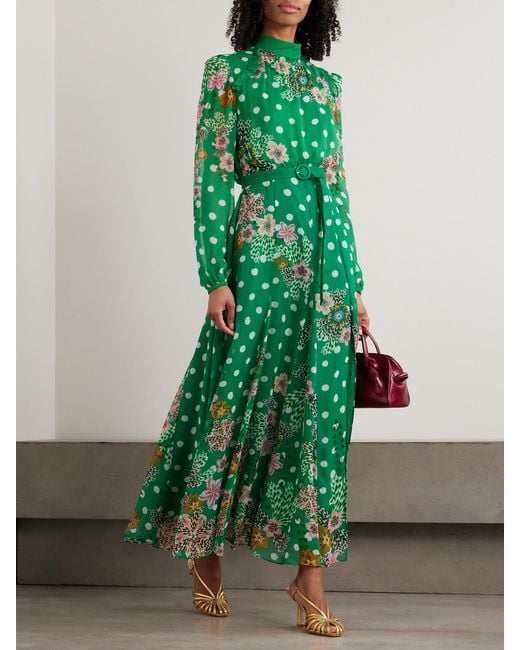 Saloni Green Jacqui-B Floral-Print Crepe De Chine Maxi Dress