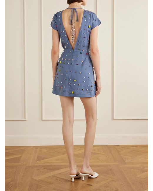 BERNADETTE Blue Anne Appliquéd Cotton And Linen-Blend Mini Dress