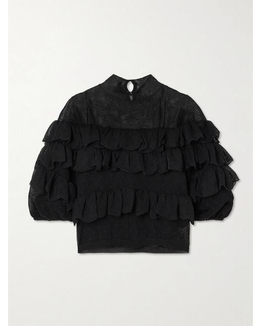 Ulla Johnson Black Corinna Ruffled Tiered Point D'Esprit And Chantilly Lace Blouse