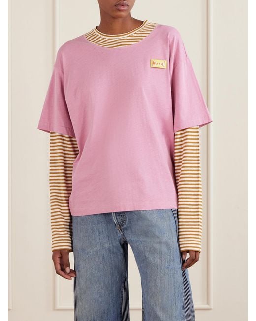Marni Pink Appliquéd Striped Linen And Cotton-Blend T-Shirt