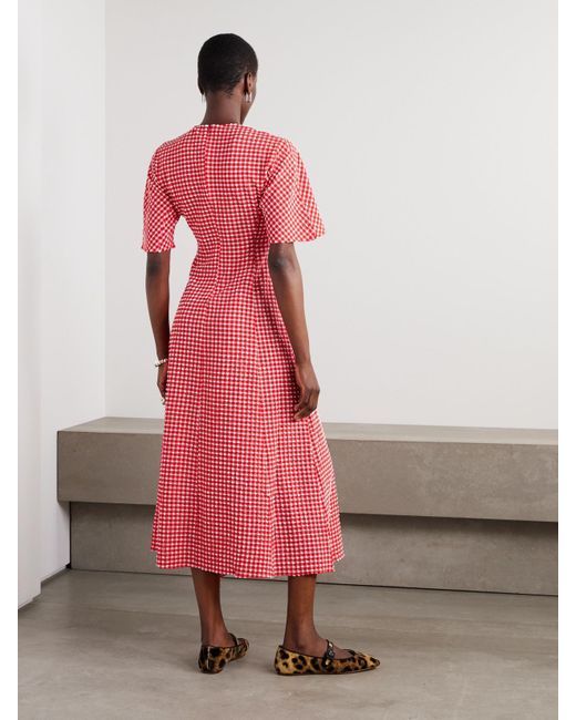 Ganni Pink Asymmetric Gingham Recycled-Seersucker Midi Dress