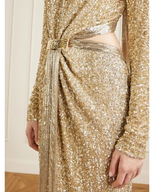 Rabanne Natural Chainmail-Trimmed Cutout Sequined Tulle Gown