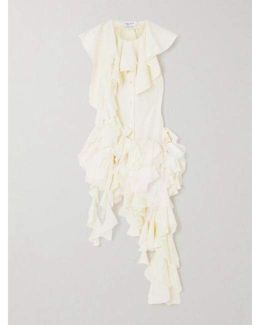 Alexander McQueen White Asymmetric Open-Back Ruffled Silk-Chiffon Blouse