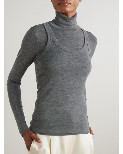 Rohe Gray Convertible Layered Merino Wool-Jersey Turtleneck Top