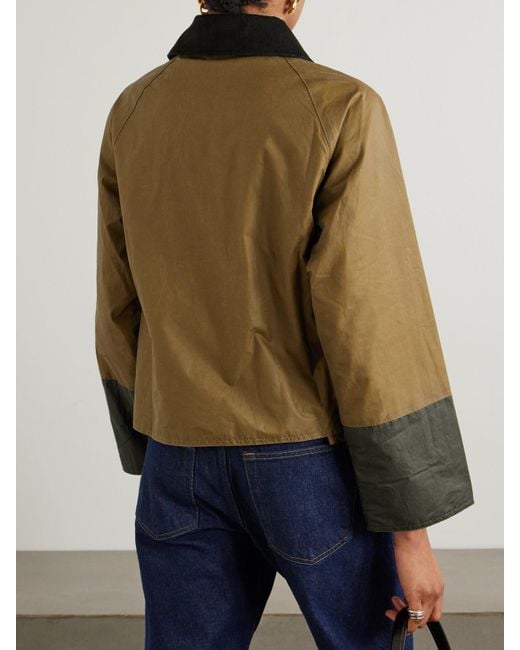Barbour Green Alma Cropped Corduroy-Trimmed Patchwork Waxed-Cotton Jacket