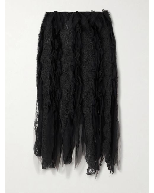 PAULINE DUJANCOURT Black Tulle-Trimmed Brushed-Knit Midi Skirt