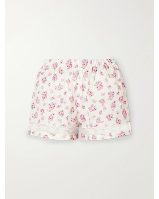 Loretta Caponi Pink Rosita Lace-Trimmed Floral-Print Cotton Shorts