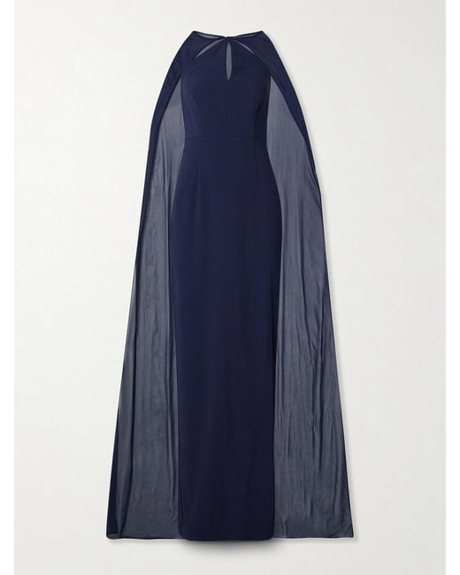 Roland Mouret Blue Cape-Effect Silk Chiffon-Trimmed Crepe Gown