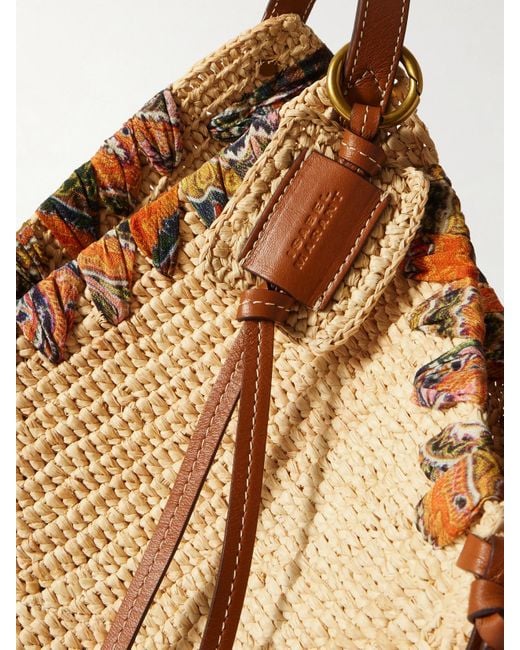 Isabel Marant Natural Tampa Whipstitched Leather And Printed Silk-Trimmed Raffia Shoulder Bag