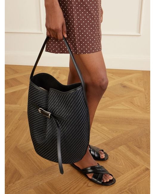 Liffner Black Belted Bucket Leather-Trimmed Raffia Bucket Bag