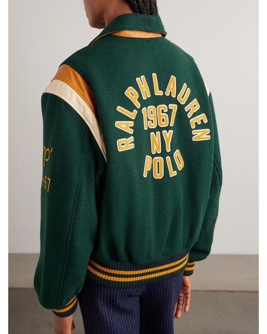Polo Ralph Lauren Green Appliquéd Striped Leather-Trimmed Wool-Blend Varsity Jacket