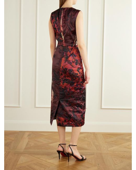 Erdem Purple Floral-Print Crinkle Paneled Satin Midi Dress