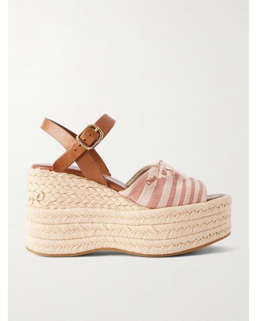 Chloé Natural Leather-Trimmed Striped Canvas Platform Sandals