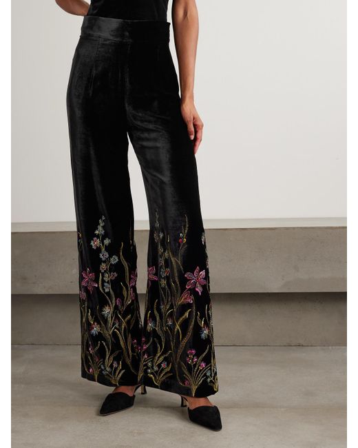 Loretta Caponi Black Cipro Embroidered Velvet Straight-Leg Pants