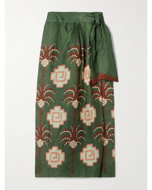 Johanna Ortiz Green Amazon Echoes Printed Linen Midi Wrap Skirt