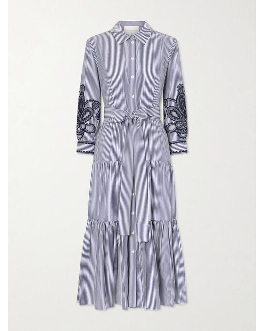 Carolina Herrera Blue Belted Tiered Embroidered Striped Cotton-Poplin Midi Dress