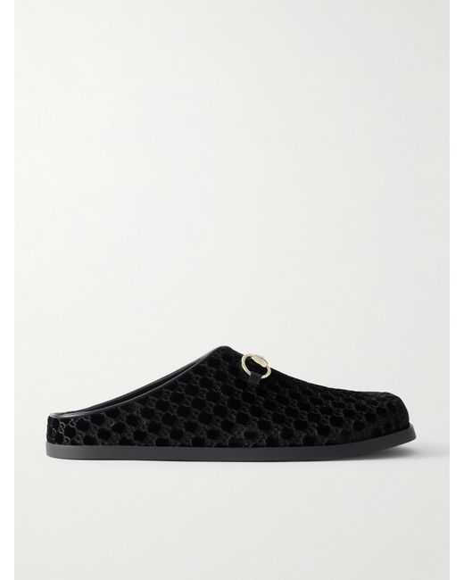 Gucci White New Sol Horsebit-Detailed Leather-Trimmed Velvet Slippers