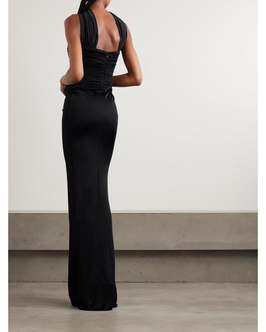 The New Arrivals Ilkyaz Ozel Black Samsara Strapless Gathered Stretch-Satin Gown