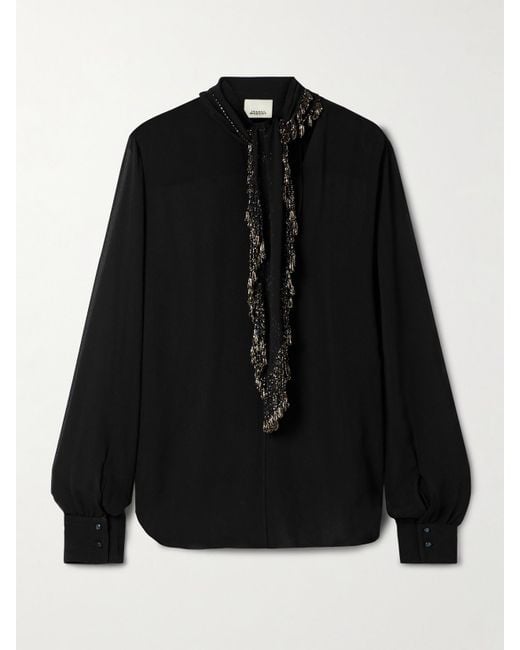 Isabel Marant Black Elaura Tie-Neck Bead-Embellished Silk-Chiffon Blouse