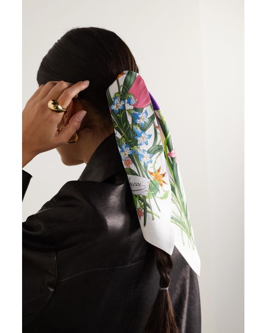 Gucci Petit Fly Flora Floral-print Silk Scarf in White | Lyst UK