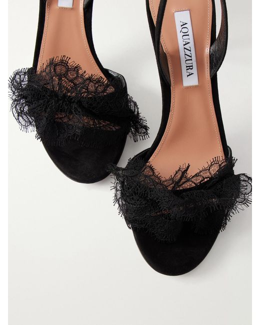 Aquazzura Black Lover 85 Lace-Trimmed Suede Slingback Sandals