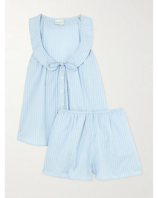 Deiji Studios Blue Round Collar Tie-Detailed Striped Organic Cotton Shirt And Shorts Set