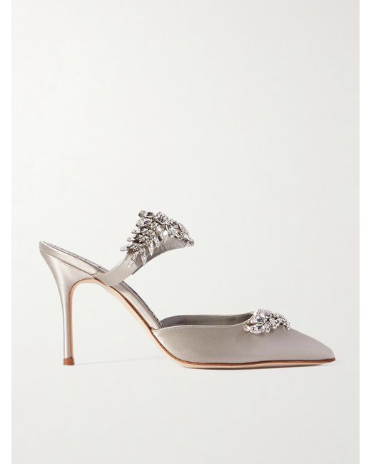 Mules En Satin À Cristaux Lurum 90 Manolo Blahnik en coloris White