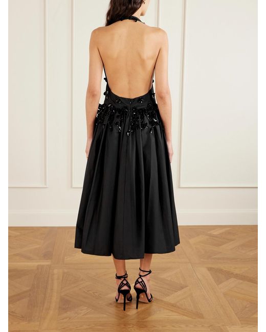 DIOTIMA Black Open-Back Embellished Pleated Cotton-Poplin Halterneck Midi Dress