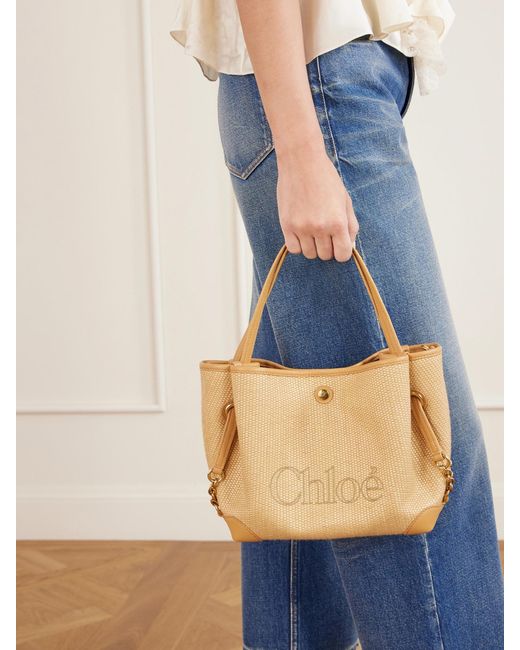 Chloé Natural Clover Leather-Trimmed Raffia-Effect Tote