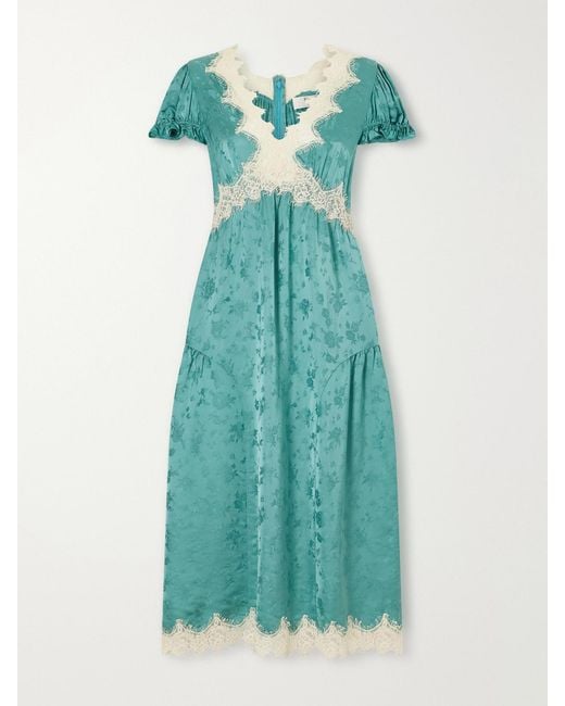 Sea Blue Shay Gathered Lace-Trimmed Floral-Jacquard Midi Dress