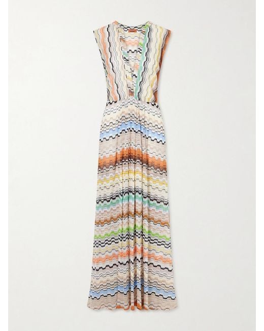 Missoni White Pleated Striped Crochet-Knit Maxi Dress