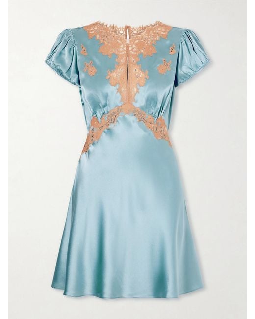 Doen Blue Junia Lace-Trimmed Silk-Satin Mini Dress