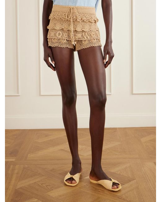 Loewe Natural Paula's Ibiza Ruffled Crocheted Cotton Drawstring Shorts