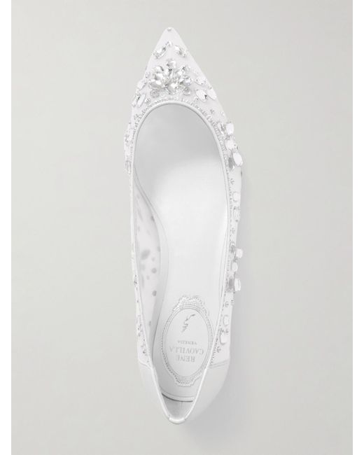 Rene Caovilla White Leather-Trimmed Crystal-Embellished Tulle Point-Toe Flats