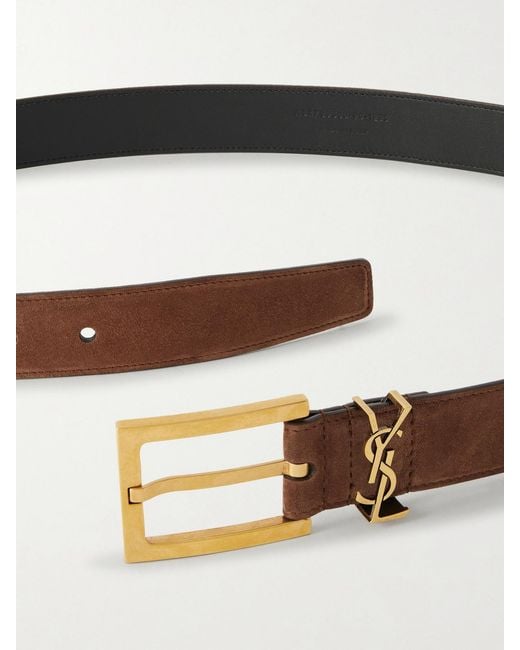 Saint Laurent Brown Cassandre Embellished Suede Belt