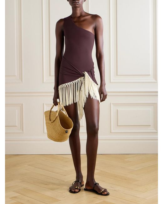 Taller Marmo Purple Yacare One-Shoulder Swimsuit And Fringed Pareo Set
