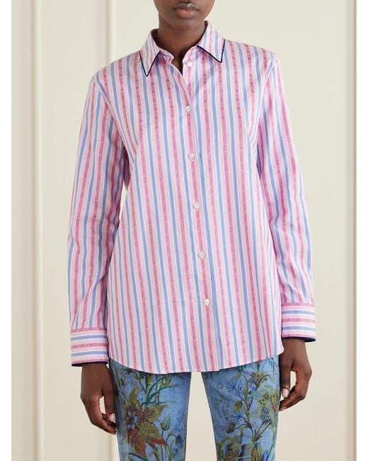 Etro Pink Striped Floral-Jacquard Cotton-Poplin Shirt