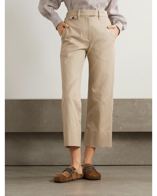 Brunello Cucinelli Natural Verkürzte Hose Mit Geradem Bein Aus Twill Aus Einer Baumwoll-Leinenmischung Mit Zierperlen