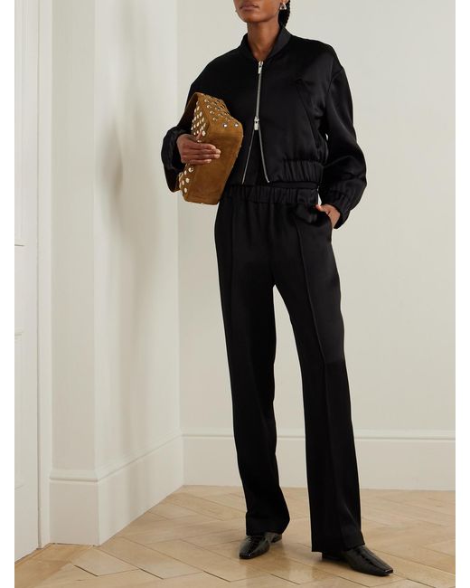 Another Tomorrow Black Cropped Satin Bomber Jacket