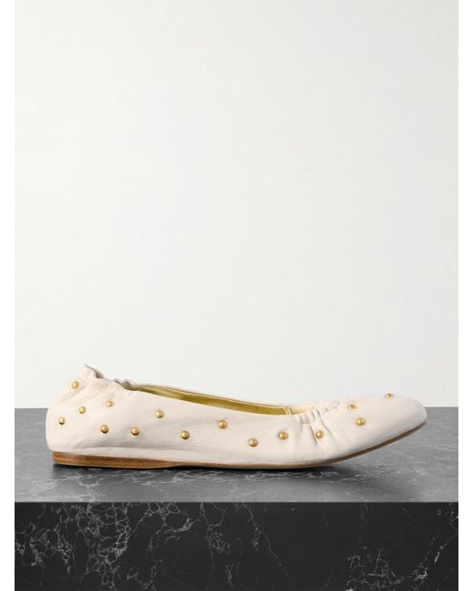 Chloé White Eia Studded Ruched Leather Ballet Flats