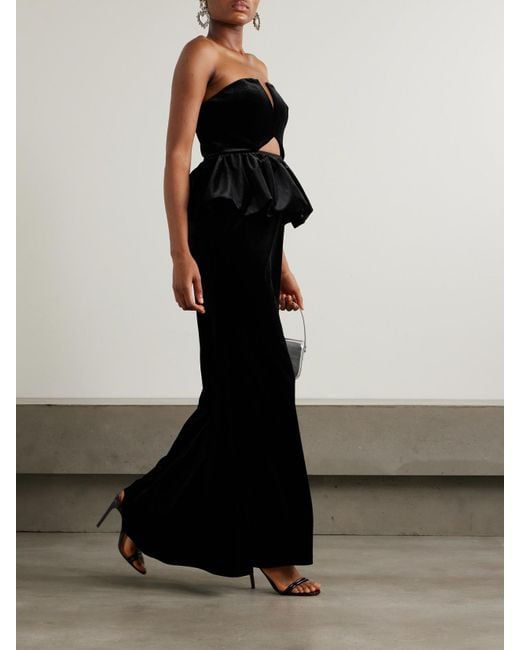 Self-Portrait Black Strapless Cutout Velvet Peplum Maxi Dress