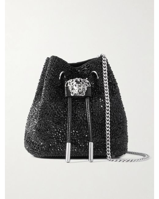 Versace Black Beuteltasche Aus Satin Mit Kristallen Und Faux Fur