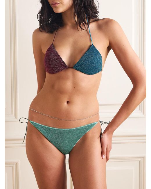 Oseree Blue Lumière Color-Block Lurex Halterneck Triangle Bikini