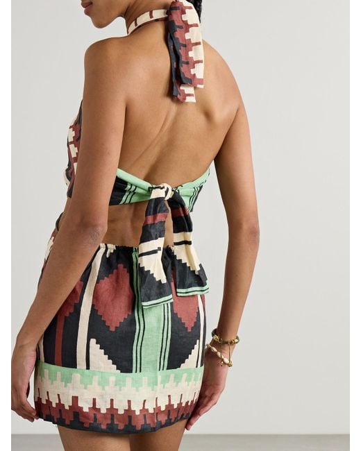 Johanna Ortiz Green Tide Strength Open-Back Printed Linen Halterneck Mini Dress