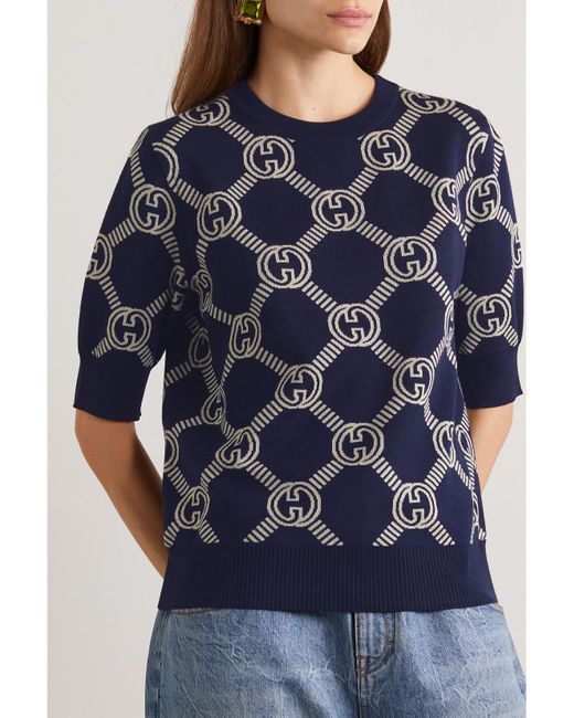 Gucci Blue Navy Reversible gg Jacquard Wool Sweater
