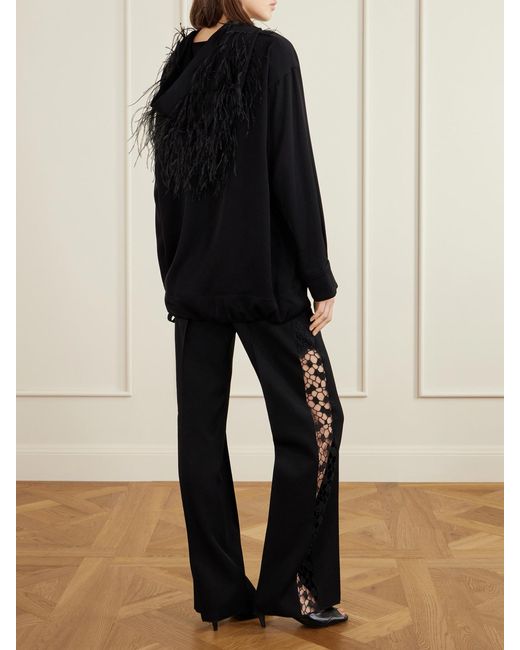 Sharon Wauchob Black Aly Feather-Trimmed Silk-Blend Hoodie