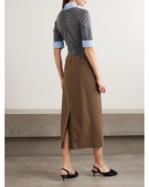 Staud Brown Geo Layered Cotton-Blend Poplin-Trimmed Twill And Wool-Blend Midi Dress
