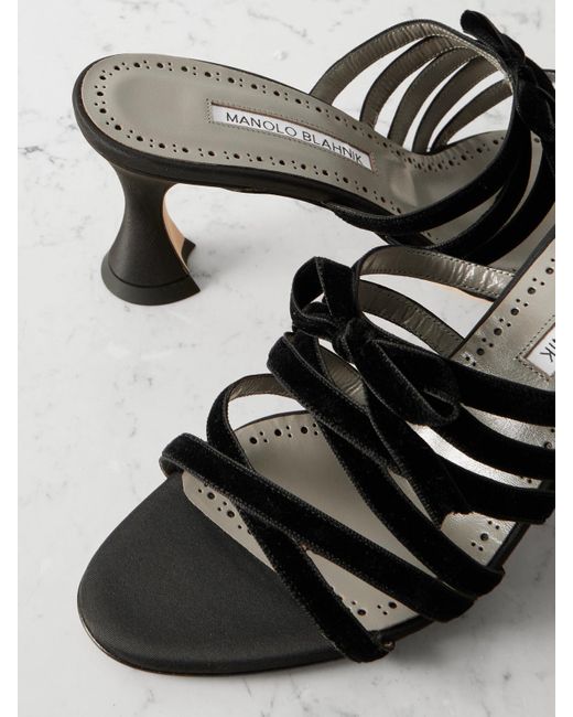 Manolo Blahnik Natural Clementel 70 Velvet-Trimmed Satin Mules